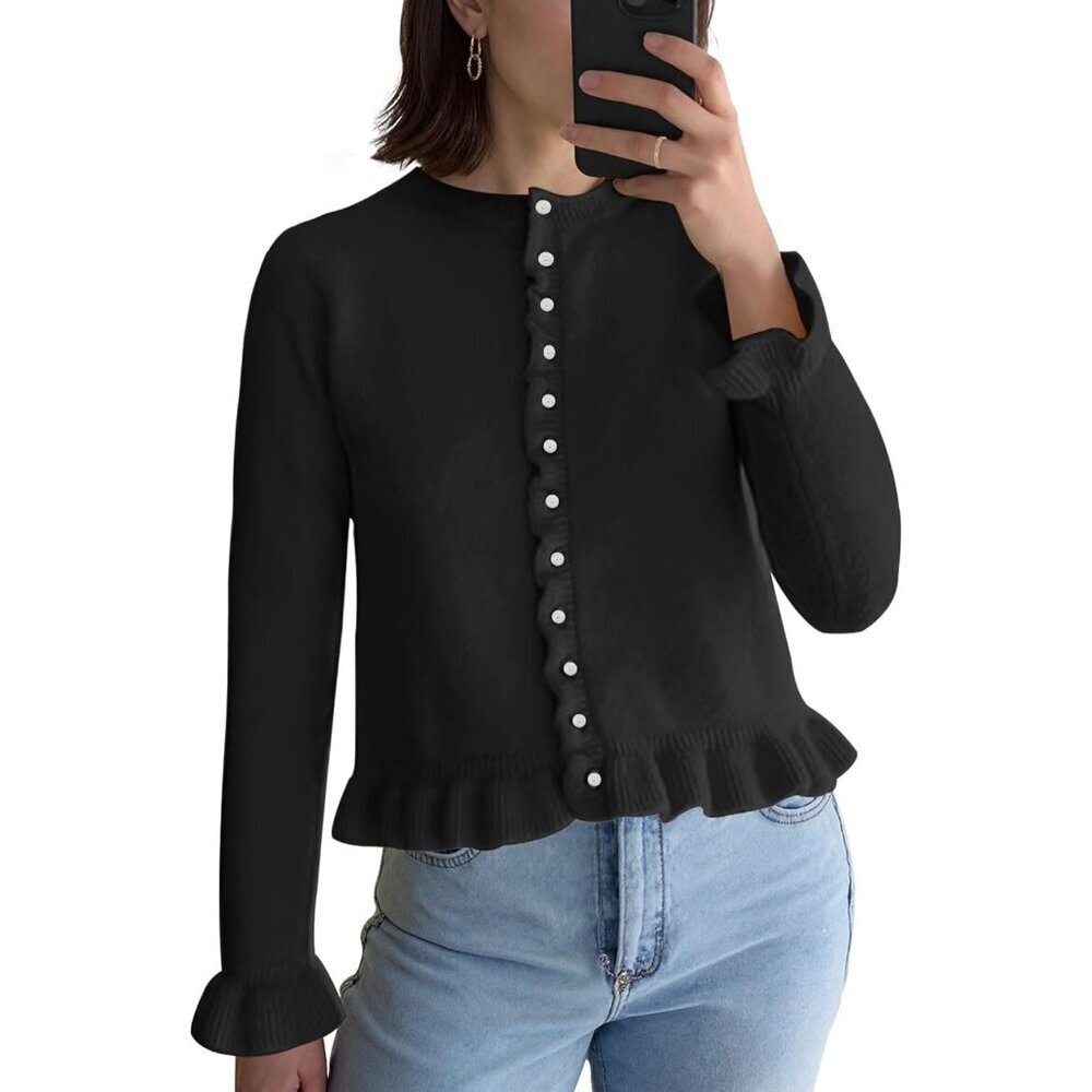 🆕Alljoin Women Black Long Sleeve Solid Knit Cardigan Casual Crewneck Sweater